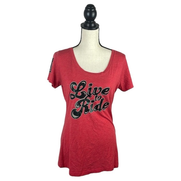 Harley Davidson Women Scoop Neck Short Sleeve Shirt SZ L Live to Ride Chicago - Picture 1 of 10